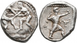 PAMPHYLIA. Aspendos. Circa 420-410 BC. Stater (Silver, 24 mm, 10.90 g, 5 h). Two nude wrestlers, standing and grappling with each other. Rev. FΣ Sling...