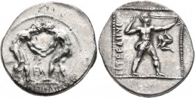 PAMPHYLIA. Aspendos. Circa 380/75-330/25 BC. Stater (Silver, 24 mm, 10.75 g, 12 h). Two nude wrestlers, standing and grappling with each other; betwee...