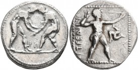 PAMPHYLIA. Aspendos. Circa 380/75-330/25 BC. Stater (Silver, 22 mm, 10.63 g, 12 h). Two nude wrestlers, standing and grappling with each other; betwee...