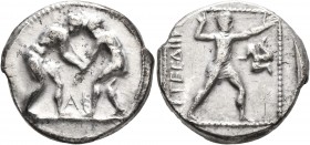 PAMPHYLIA. Aspendos. Circa 380/75-330/25 BC. Stater (Silver, 23 mm, 10.80 g, 12 h). Two nude wrestlers, standing and grappling with each other; betwee...
