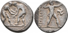 PAMPHYLIA. Aspendos. Circa 380/75-330/25 BC. Stater (Silver, 21 mm, 10.92 g, 12 h). Two nude wrestlers, standing and grappling with each other; betwee...