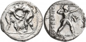 PAMPHYLIA. Aspendos. Circa 380/75-330/25 BC. Stater (Silver, 22 mm, 10.69 g, 1 h). Two nude wrestlers, standing and grappling with each other; between...