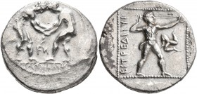 PAMPHYLIA. Aspendos. Circa 380/75-330/25 BC. Stater (Silver, 23 mm, 10.69 g, 12 h). Two nude wrestlers, standing and grappling with each other; betwee...