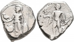 PAMPHYLIA. Side. Circa 360-333 BC. Stater (Silver, 23 mm, 10.64 g, 11 h). Athena standing front, head to left, holding Nike in her right hand and shie...