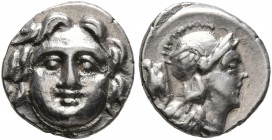 PISIDIA. Selge. Circa 350-300 BC. Obol (Silver, 10 mm, 1.00 g, 1 h). Facing gorgoneion with protruding tongue. Rev. Head of Athena to right, wearing c...