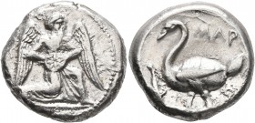 CILICIA. Mallos. Circa 440-390 BC. Stater (Silver, 20 mm, 10.39 g, 6 h). MAΛP Winged male figure advancing right, holding solar disk with both hands. ...