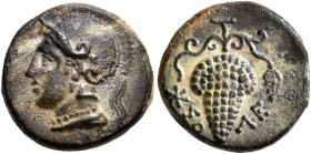 CILICIA. Soloi. Circa 350-300 BC. AE (Bronze, 13 mm, 2.12 g, 12 h). Head of Athena to left, wearing crested Attic helmet. Rev. ΣΟΛΕ Grape bunch with t...