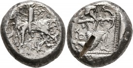 CILICIA. Tarsos. Circa 420-410 BC. Stater (Silver, 19 mm, 10.82 g, 12 h). Satrap on horseback riding left, wearing kyrbasia and with gorytos at his hi...