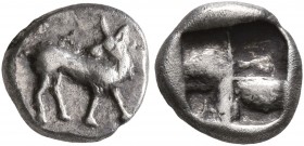 ASIA MINOR. Uncertain. 5th century BC. Obol (Silver, 8 mm, 0.57 g). Bull standing right, head turned back to left. Rev. Quadripartite incuse square. C...