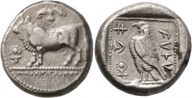 CYPRUS. Paphos. Stasandros, second half of 5th century BC. Stater (Silver, 22 mm, 11.14 g, 10 h). Bull standing left; above, winged solar disk; to lef...