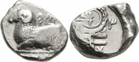 CYPRUS. Salamis. Uncertain kings, circa 480-460 BC. Stater (Silver, 21 mm, 11.36 g, 12 h). Ram recumbent left; unclear letters around ('pa-si-le-wo-se...