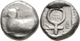 CYPRUS. Salamis. Uncertain kings, circa 480-460 BC. Stater (Silver, 20 mm, 11.15 g, 12 h). Ram recumbent left; unclear letters around ('pa-si-le-wo-se...