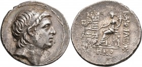 SELEUKID KINGS OF SYRIA. Demetrios I Soter, 162-150 BC. Tetradrachm (Silver, 31 mm, 16.41 g, 1 h), Antiochia on the Orontes, SE 158 = 155/4. Diademed ...