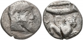 PHOENICIA. Arados. 4th century BC. Tetrobol (Subaeratus, 15 mm, 2.82 g, 11 h), a contemporary imitation. Laureate head of Ba'al-Arwad to right. Rev. G...