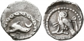 PHOENICIA. Tyre. Circa 393-358 BC. 1/24 Shekel (Silver, 10 mm, 0.59 g, 4 h). Dolphin swimming left. Rev. Owl standing left, head facing; crook and fla...