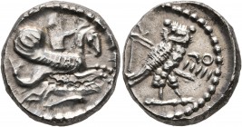 PHOENICIA. Tyre. ‘Uzzimilk, circa 347-332 BC. Shekel (Silver, 19 mm, 8.88 g, 11 h), RY 15 = 335/4. Bearded male deity, holding reins and bow, riding h...