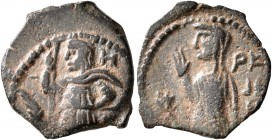 NABATAEA. Aretas IV, with Shaqilat, 9 BC-AD 40. AE (Bronze, 14 mm, 1.55 g, 12 h), Petra. Aretas IV standing front, head to left, holding spear in his ...