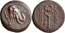 BAKTRIA, Greco-Baktrian Kingdom. Demetrios I, circa 200-185 BC. AE (Bronze, 29 mm, 11.57 g, 10 h), Baktra. Head of an elephant to right, wearing bell ...