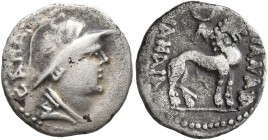YUEH-CHI. Sapadbizes, late 1st century BC. Drachm (Silver, 14 mm, 1.37 g, 12 h). CAΠA[...] Draped bust to right, wearing crested Macedonian helmet ado...
