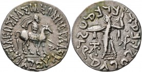 INDO-SKYTHIANS. Azes, circa 58-12 BC. Tetradrachm (Silver, 25 mm, 9.09 g, 1 h), Indian standard, Pushkalavati. ΒΑΣΙΛΕΩΣ ΒΑΣΙΛΕΩΝ ΜΕΓΑΛΟΥ / ΑΖΟΥ King o...