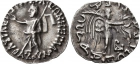 INDO-SKYTHIANS. Azes, circa 58-12 BC. Drachm (Silver, 20 mm, 2.21 g, 1 h), Indian standard, Taxila. BAΣIΛEΩΣ BAΣIΛEΩN MEΓAΛOY / AZOY Zeus standing fro...
