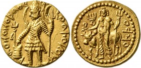 INDIA, Kushan Empire. Vasudeva I, circa 192-225. Dinar (Gold, 20 mm, 8.00 g, 11 h), maint mint in Baktria (Balkh?). Vasudeva I standing front, head to...