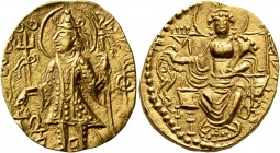INDIA, Kushan Empire. Vasishka, circa 240-250. Dinar (Gold, 22 mm, 7.88 g, 11 h). ÞAONANOÞAO BAZHÞKO KOÞANO ('King of Kings, Huvishka the Kushan' in B...