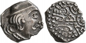 INDIA, Post-Kushan (Traikutaka). Dahrasena, circa 400. Drachm (Silver, 13 mm, 2.32 g). Bust of Dahrasena to right, wearing headdress, earring and mous...