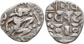 INDIA, Post-Gupta (Pratiharas). Bhoja I (Prabhasa/Adivarha/Mihira), 836-885. Drachm (Silver, 19 mm, 3.93 g, 4 h). Boar-headed Varaha jumping right; to...