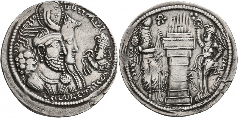 SASANIAN KINGS. Bahram II, with Queen and Prince 4, 276-293. Drachm (Silver, 27 ...