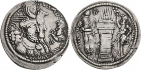 SASANIAN KINGS. Bahram II, with Queen and Prince 4, 276-293. Drachm (Silver, 27 mm, 4.10 g, 4 h), uncertain mint. MZDYSN BGY WRHR'N MRKAN MRKA 'YR'N W...