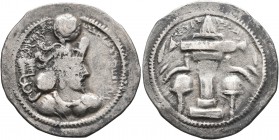 SASANIAN KINGS. Bahram IV, 388-399. Drachm (Silver, 23 mm, 4.00 g, 3 h), WH (Weh-Andiyok-Shapur). WLHL'N MLKAn MLKA ('God' Wahram, King of Kings' in P...