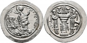 SASANIAN KINGS. Yazdgard I, 399-420. Dirham (Silver, 28 mm, 4.27 g, 4 h), KL (Kirman). MZDYSN BGY L'MŠTLY YZDKLTY MLKAn MLKA ('Worshipper of Lord Mazd...