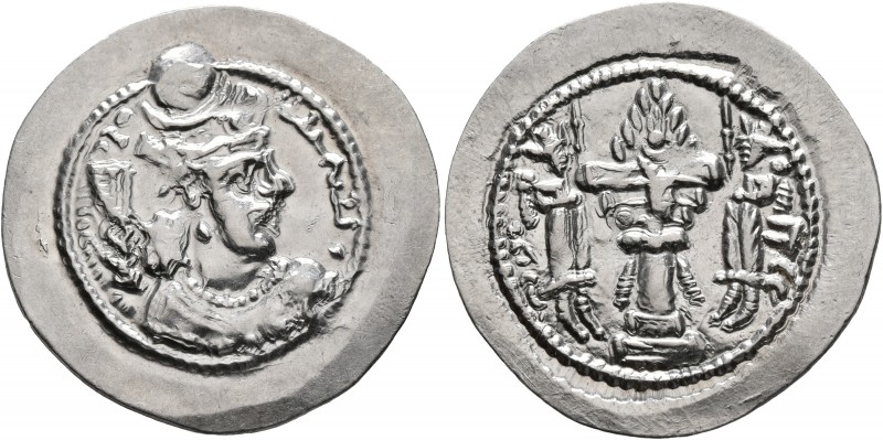 SASANIAN KINGS. Bahram V, 420-438. Drachm (Silver, 28 mm, 3.74 g, 4 h), AS (Asur...