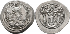 SASANIAN KINGS. Balash, 484-488. Drachm (Silver, 27 mm, 4.10 g, 3 h), NY (Nihawand). HWKD WLD'Š ('The good King Balash' in Pahlawi) Draped bust of Bal...