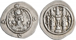 SASANIAN KINGS. Hormizd IV, 579-590. Drachm (Silver, 31 mm, 4.09 g, 3 h), WYHC, RY 10 = AD 588. Draped bust of Hormizd IV to right, wearing elaborate ...