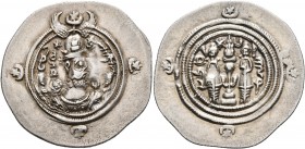 SASANIAN KINGS. Khosrau II, 591-628. Drachm (Silver, 30 mm, 4.08 g, 4 h), AHM (Hamadan), RY 2 = AD 592. Draped bust of Khosrau II to right, wearing el...