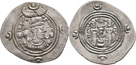 SASANIAN KINGS. Khosrau II, 591-628. Drachm (Silver, 31 mm, 4.12 g, 5 h), BN (uncertain min in the province of Kirman), RY 14 = AD 603/4. Draped bust ...