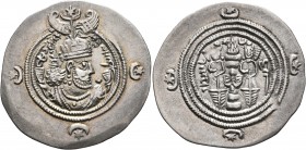 SASANIAN KINGS. Khosrau II, 591-628. Drachm (Silver, 32 mm, 4.08 g, 9 h), DA (Darabjird), RY 20 = AD 609/10. Draped bust of Khosrau II to right, weari...