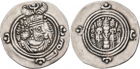 SASANIAN KINGS. Khosrau II, 591-628. Drachm (Silver, 30 mm, 4.10 g, 4 h), DA (Darabjird), RY 27 = AD 616/7. Draped bust of Khosrau II to right, wearin...