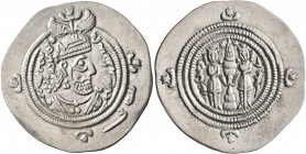 SASANIAN KINGS. Khosrau II, 591-628. Drachm (Silver, 31 mm, 4.09 g, 10 h), ŠY (Shiraz), RY 31 = AD 621/2. Draped bust of Khosrau II to right, wearing ...