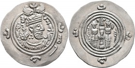 SASANIAN KINGS. Khosrau II, 591-628. Drachm (Silver, 31 mm, 4.17 g, 9 h), ŠY (Shiraz), RY 32 = AD 622/3. Draped bust of Khosrau II to right, wearing e...