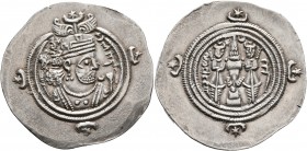 SASANIAN KINGS. Khosrau II, 591-628. Drachm (Silver, 33 mm, 4.31 g, 9 h), AY (Eran-Khwarrah-Shapur), RY 37 = AD 626/7. Draped bust of Khosrau II to ri...