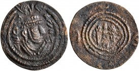SASANIAN KINGS. Yazdgard III, 632-651. Pashiz (Bronze, 15 mm, 0.61 g, 2 h), illegible mint and date. Draped bust of Yazdgard III to right, wearing ela...