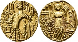 HUNNIC TRIBES, Kidarites. Kidara, circa 350-385. Dinar (Gold, 23 mm, 7.84 g, 12 h), Gandhara. King standing front, head to left, sacrificing with his ...