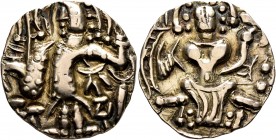 HUNNIC TRIBES, Kidarites. Kidara, circa 350-385. Dinar (Electrum, 23 mm, 7.86 g, 1 h), Gandhara. King standing front, head to left, sacrificing with h...