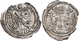 HUNNIC TRIBES, Kidarites. "Bahram Kushan King", circa 350-380. Drachm (Silver, 30 mm, 3.53 g, 9 h), Gandhara, circa 350-380. Draped and bearded Sasani...