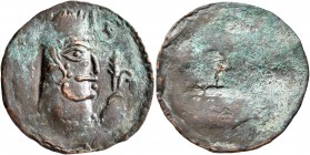 HUNNIC TRIBES, Alchon Huns. Uncertain king. Drachm (Bronze, 24 mm, 3.72 g, 12 h), Kapisi, 570/80-600. Bearded and draped bust of a king with elongated...