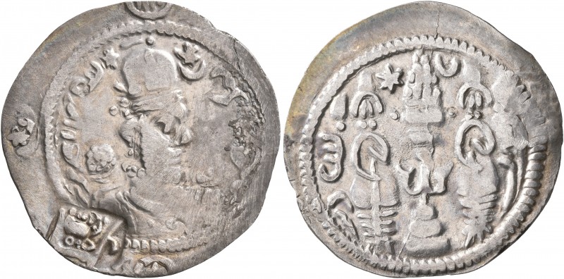 HUNNIC TRIBES, Hephthalites. Drachm (Silver, 27 mm, 2.73 g, 3 h), imitating a dr...