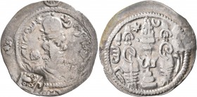 HUNNIC TRIBES, Hephthalites. Drachm (Silver, 27 mm, 2.73 g, 3 h), imitating a drachm of Hormizd IV (579-590) from Balkh. Uncertain mint in Bactria, af...